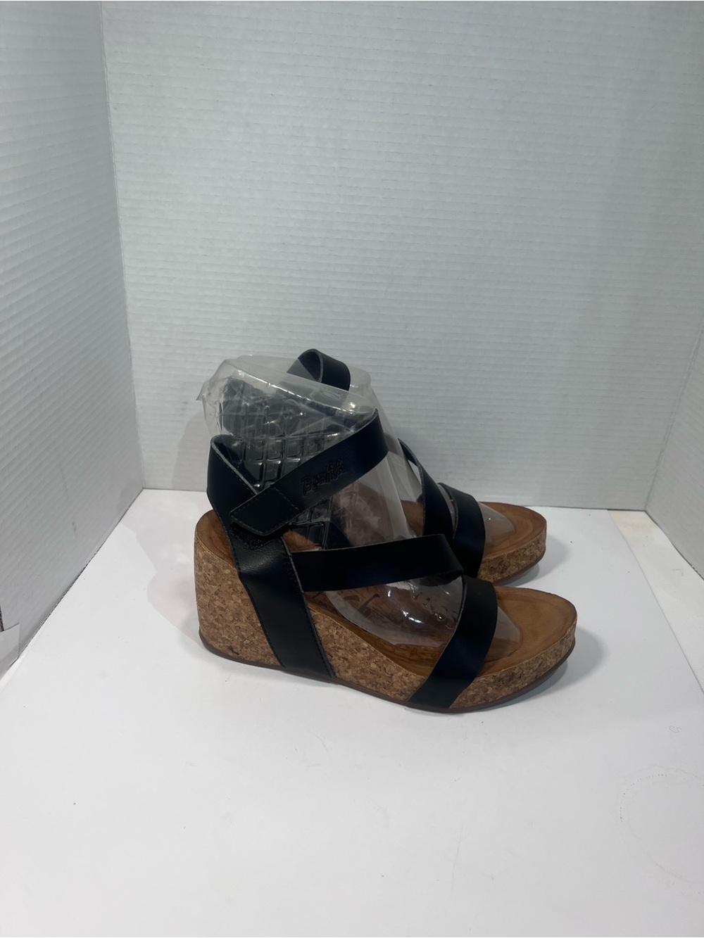 Women's Black Cork Wedge Sandals with Strappy Leather Upper